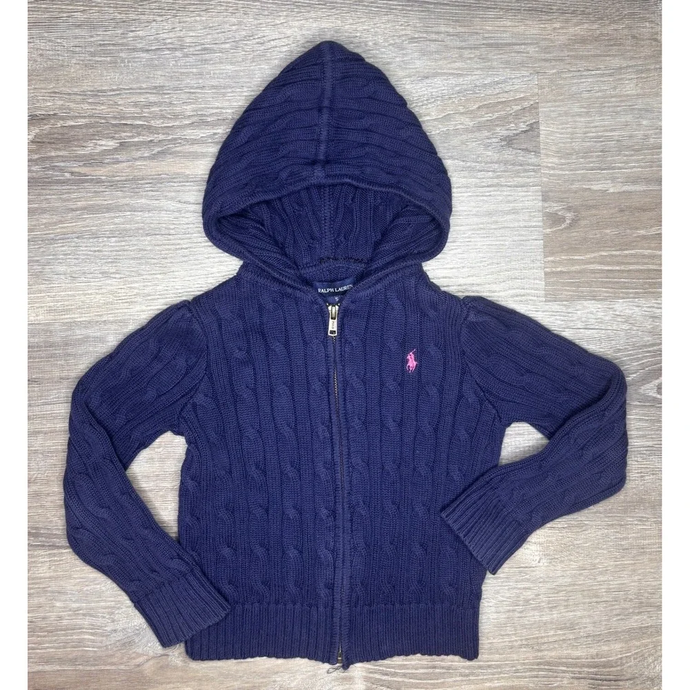 Ralph Lauren Girls Navy Blue Cable Knit Full Zip Hoodie Sweater Size 5 Pink Pony